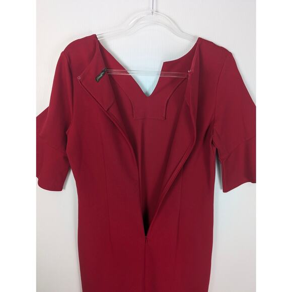 J. McLaughlin Red Ponte Knit Dress Split Neck ¾ Tulip Sleeve Stretch Work Large - Picture 7 of 8